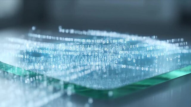 Digital security concept with glowing data stream on glass platform, futuristic cyber defense, encryption, binary code, data protection, abstract technology background for searchable SEO URL design