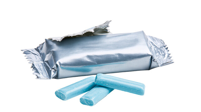 Blue chewing gum sticks partially unwrapped from silver foil packaging, isolated on transparent background