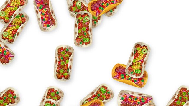 Falling Tacos and Burritos Animation on White Background