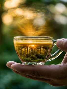 Espresso shot is captured with a sunset over a coffee plantation showing the origin of the beans and the final cup