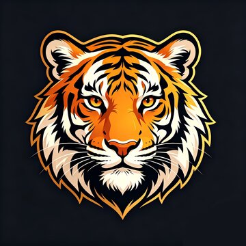 Symmetrical tiger face illustration in bold orange, black, and white tones, fierce and striking design