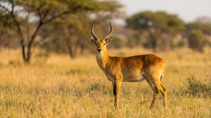 Naklejka premium A majestic male Kob antelope stands alert in the dry, golden savanna grasslands of Africa.