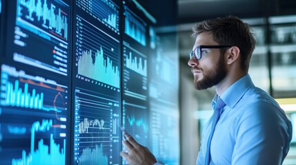 Fototapeta premium Businessman wearing glasses studies real time market fluctuations on a large illuminated digital display.