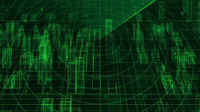 digital city with wireframe buildings and security scanning, dynamic cityscape with radar scanning ovarlay, futuristic urban network and surveillance data