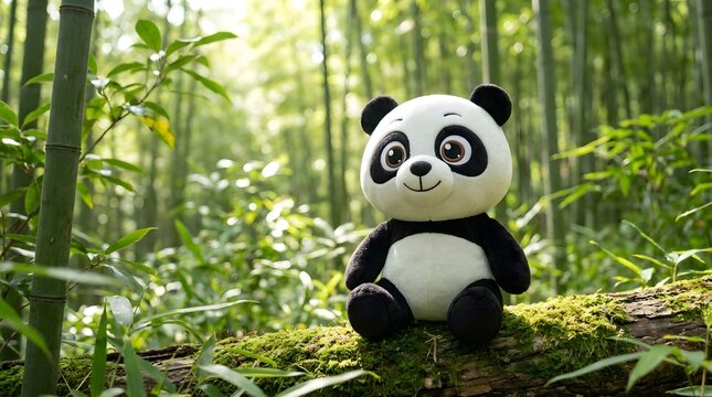 A cute plush panda toy sits on a moss-covered log in a lush bamboo forest with sunlight filtering through the trees.