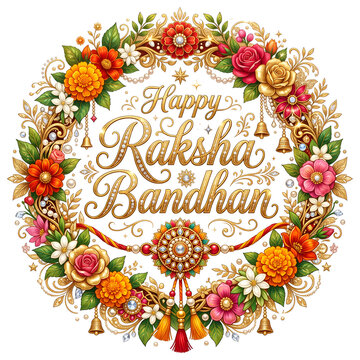 Happy Raksha Bandhan golden typography with flower wreath and bells