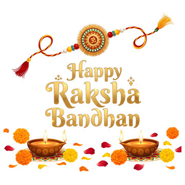 Happy Raksha Bandhan golden text with realistic rakhi on black