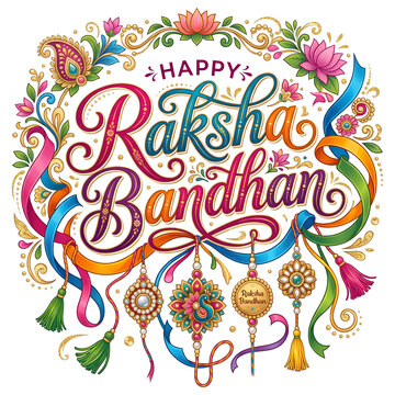 Happy Raksha Bandhan colorful lettering with pooja thali and lotus