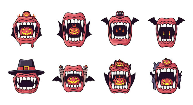 A spooky collection of monstrous faces with Halloween-themed hats and makeup.
