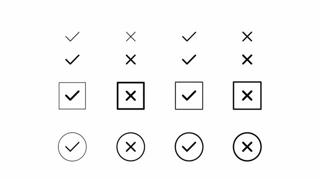 Checkmark and cross symbols in different styles including simple, square, and circle formats
