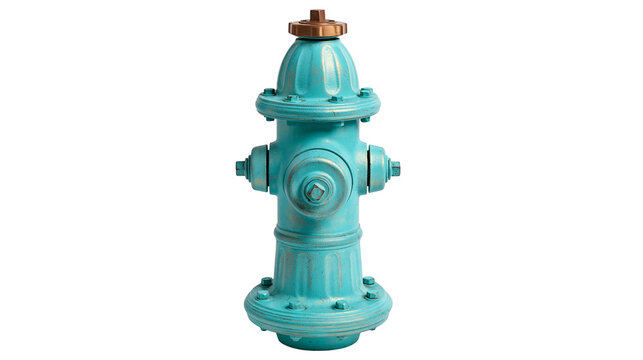 Turquoise fire hydrant with copper cap, isolated on transparent background