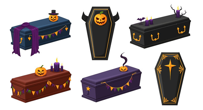 Halloween themed coffins and caskets decorated with jack-o-lanterns, bats, and lights are arranged on a surface.