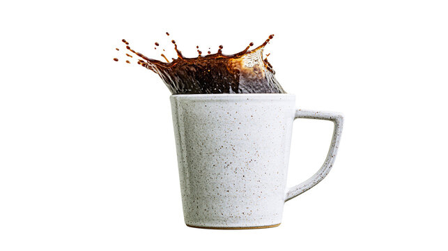 White speckled ceramic mug with dark coffee splashing upwards, isolated on transparent background