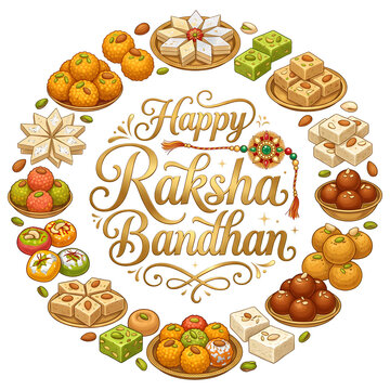 Happy Raksha Bandhan festive sweets and rakhi circular design