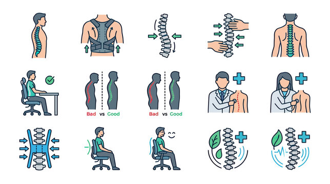 Spine Health Icons: Posture Correction, Back Support, and Chiropractic Care