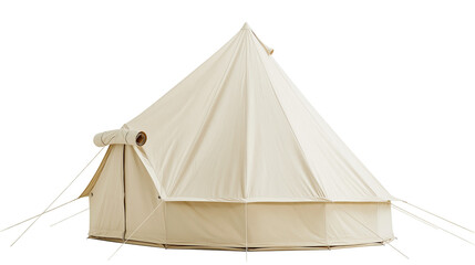 Cream canvas bell tent with rolled mat on top, isolated on transparent background © Andrej