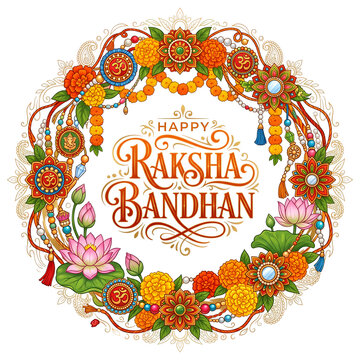 Happy Raksha Bandhan golden mandala with traditional symbols