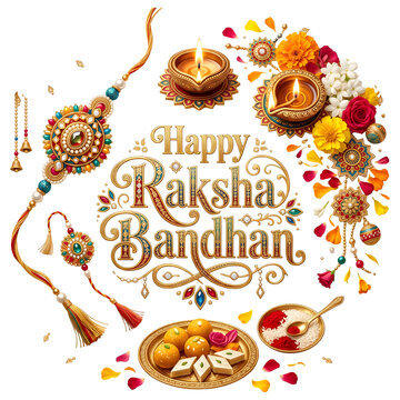 Happy Raksha Bandhan festive flat lay with sweets and diyas