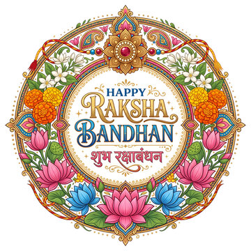 Happy Raksha Bandhan colorful floral frame with traditional sweets