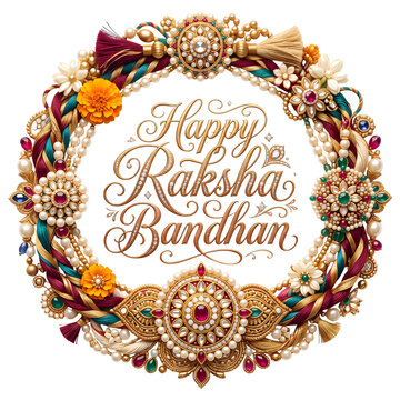 Happy Raksha Bandhan golden text on traditional Indian pattern background
