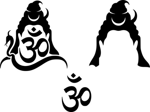 Lord Shiva face silhouette and Om symbol vector set featuring clean black line art elements with matted hair, crescent moon, third eye, tilak, and holy snake isolated on white background.