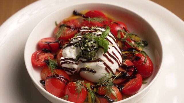Fresh italian burrata cheese served with cherry tomatoes, basil, pesto, and balsamic vinegar dressing
