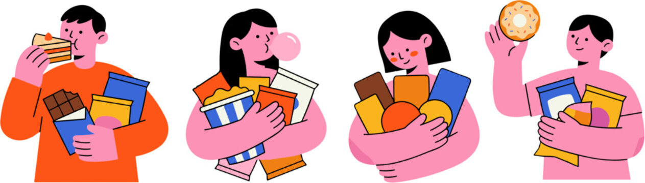Group of People Holding and Eating Various Snacks and Junk Food Illustration.