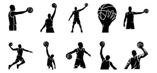 Basketball Players Palming Ball and Athlete One-Handed Grip Silhouettes Set © prettygfx