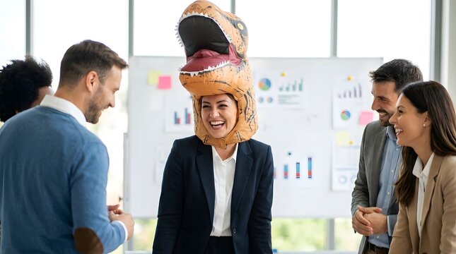 A woman in a dinosaur costume head smiles while colleagues look on in an office setting.