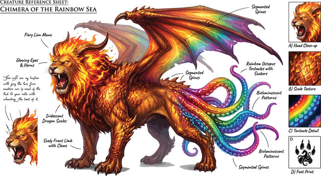 Mythical Chimera creature, colorful dragon lion, rainbow sea monster, fantasy beast