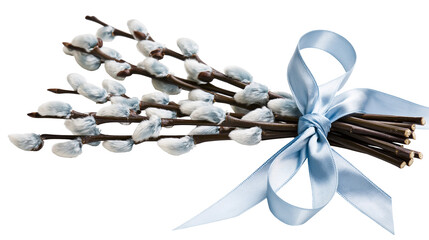 Fluffy pussy willow branches tied with a light blue satin ribbon, isolated on transparent background © Andrej