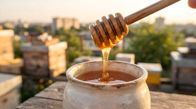 Fresh organic honey dripping from wooden dipper into ceramic pot in apiary at sunset
