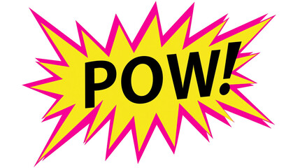 Yellow and pink starburst with black text POW , isolated on transparent background © Andrej