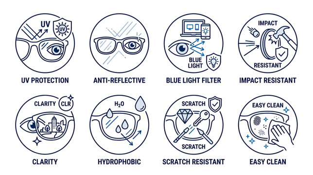 Eyewear Features Icons: UV, Anti-Reflective, Blue Light Filter, Impact Resistant