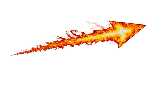 Fiery arrow shape composed of bright orange and yellow flames, isolated on transparent background