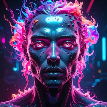 Neon Infused Face Gazing in Futuristic Setting