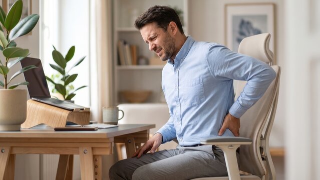 Young man with lower back pain sitting at desk, bad posture and office ergonomics problem