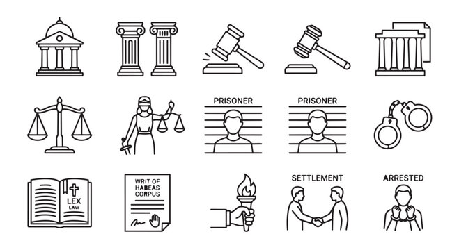 Law and justice legal system thin line icon set with handcuffs legislation attorney document contract