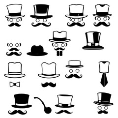 Fototapeta premium Hats set with 16 distinct black and white icons arranged in a 4x4 grid featuring top hats, cowboy hats, berets and mustaches with bow ties and pipe