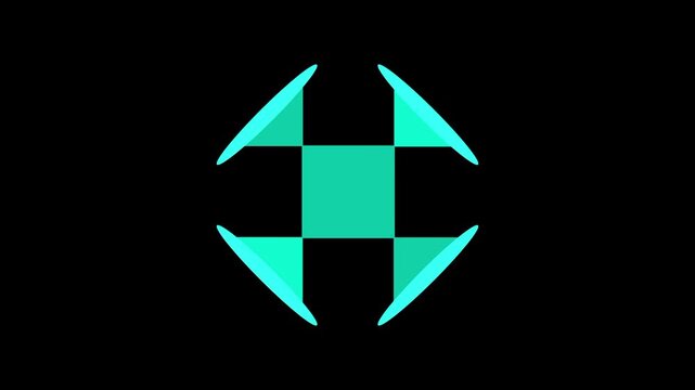 Four teal triangular arrows pointing outward from a center point with small checkered squares, representing expand, resize or compass with a smooth