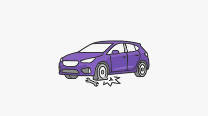 Fototapeta premium Industrial of Purple Car Undergoing Flat Tire Repair with Wrench and Spark Effect with high quality professional line art symbols for modern creative design and digital branding projects