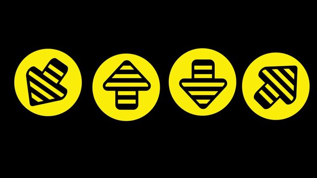 Four separate yellow circular icons each containing striped arrows pointing up, down, left and right for directional navigation controls with a smooth