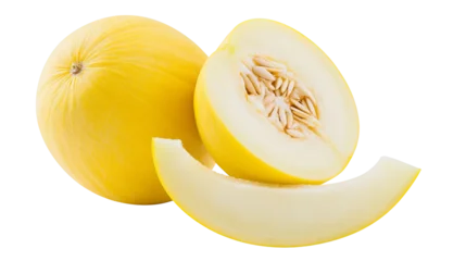 Whole yellow honeydew melon with a slice and half cut melon, isolated on transparent background © Andrej