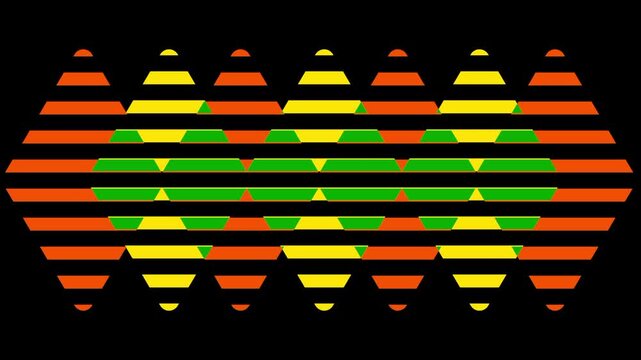 Colorful striped ellipse pattern blending orange yellow and green tones, resembling a vibrant sound wave equalizer or abstract shape with a smooth