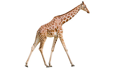 Brown and white spotted giraffe walking, isolated on transparent background © Andrej