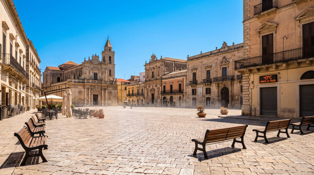 Deserted historic town square under intense summer heatwave in Sicily