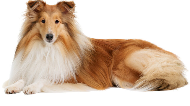Sable and white rough collie dog lying down, isolated on transparent background