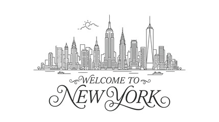 Obraz premium Welcome to New York City Skyline Outline Illustration with Sun and Water