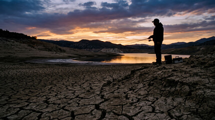 Fototapeta premium Fisherman on the edge of a receded lake during a dramatic sunset landscape
