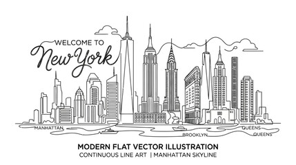 Fototapeta premium Welcome to New York City Skyline, Continuous Line Art Illustration